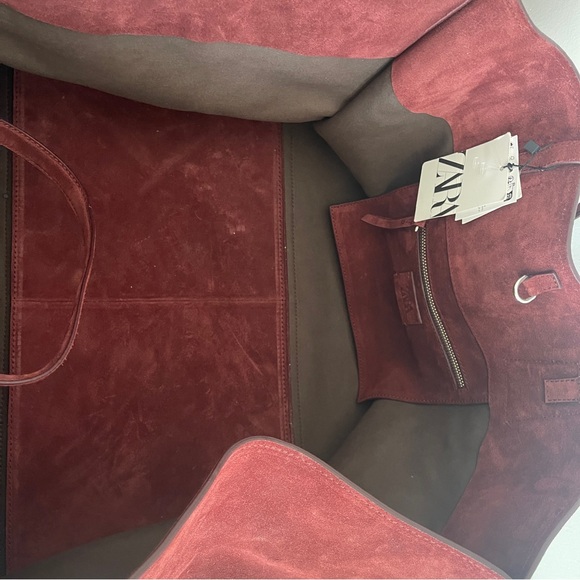 Zara large Suede Tote bag burgundy genuine leather travel office work trendy - Picture 9 of 14